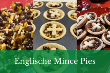 Mince Pie Blog Banner mit Mincemeat, gebackenen und ungebackenen Pies