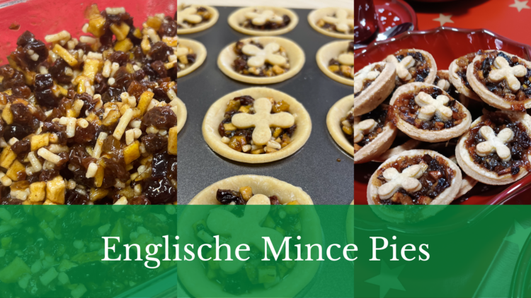 Mince Pie Blog Banner mit Mincemeat, gebackenen und ungebackenen Pies